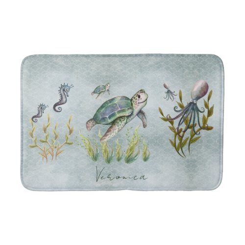 Adorable Nautical Sea Creatures Turtle Kids Baby  Bath Mat