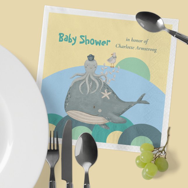 Adorable Nautical Whale Squid Yellow Baby Shower Napkins (Adorable Nautical Whale Squid Yellow Baby Shower Napkins ©Susanne Sachers - Sunny Mind Design 🌞)