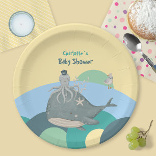 Adorable Nautical Whale Squid Yellow Baby Shower Paper Plates
