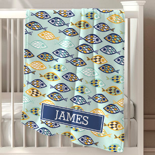 Adorable Navy Blue Nautical Ocean Fish Monogrammed Swaddle Blanket