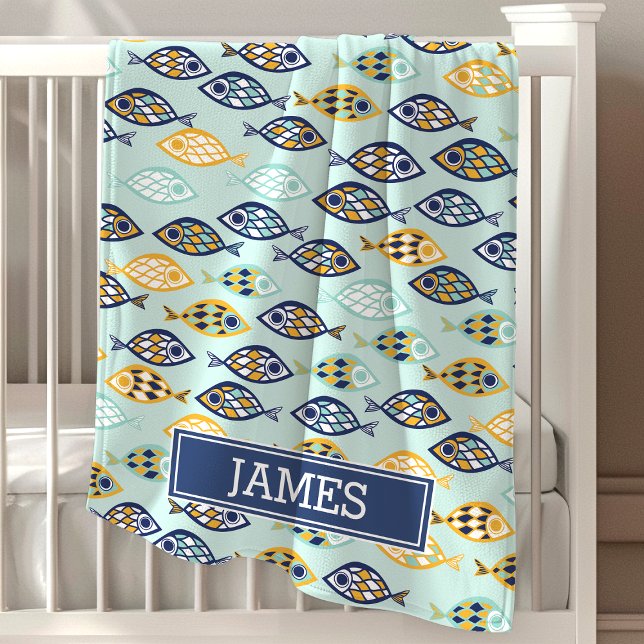 Adorable Navy Blue Nautical Ocean Fish Monogrammed Swaddle Blanket (Creator Uploaded)