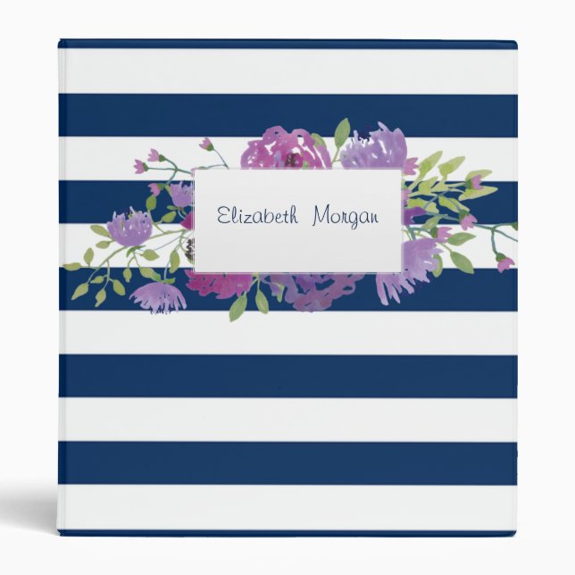 Adorable Navy Blue Striped,Flowers-Personalized Binder (Front)