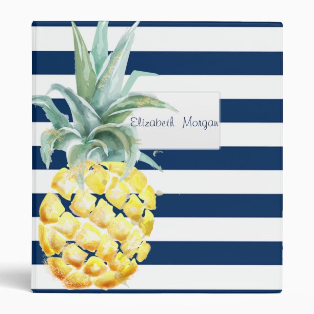 Adorable Navy Blue Striped,Pineapple 3 Ring Binder (Front)