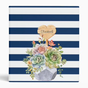 Adorable Navy Blue Striped,Succulent 3 Ring Binder