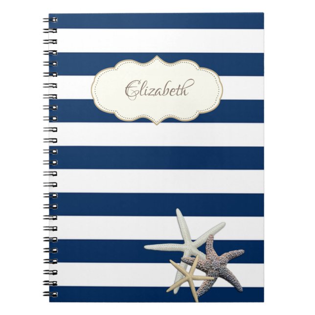 Adorable Navy Blue stripses,Starfish ,Personalized Notebook (Front)