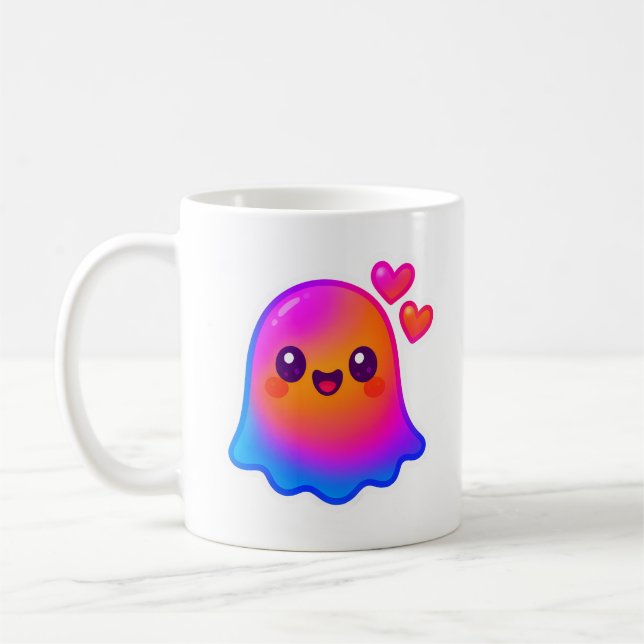 Adorable Neon Kawaii Ghost with Gradient Glow and  Coffee Mug (Left)