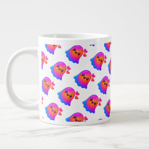 Adorable Neon Kawaii Ghost with Gradient Glow and  Giant Coffee Mug