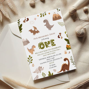 Adorable Neutral Jungle Dinosaur 1st Birthday Invitation