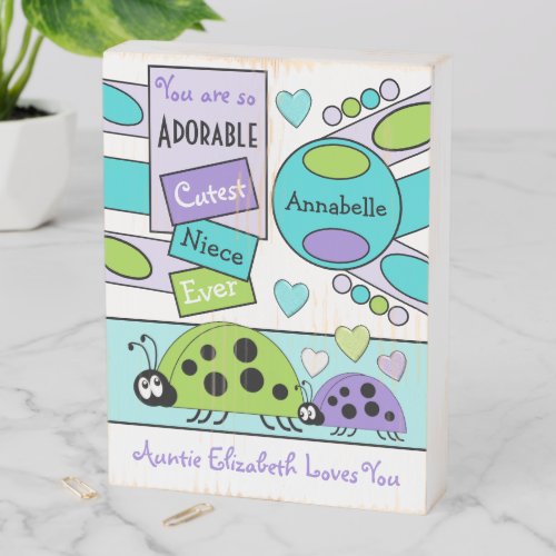 Adorable niece ladybugs purple green wooden box sign