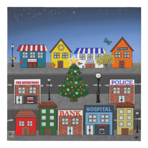 Adorable Nighttime Neighborhood Merry Christmas Faux Canvas Print