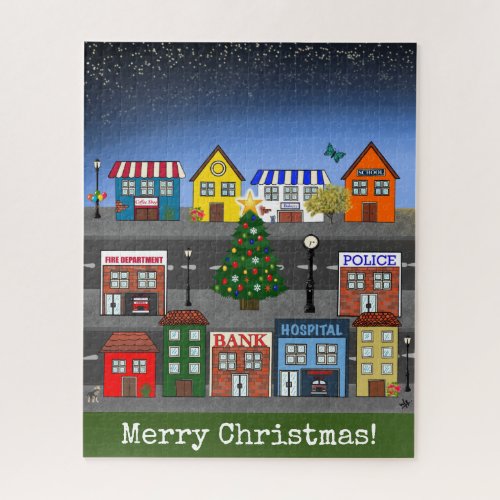 Adorable Nighttime Neighborhood Merry Christmas Jigsaw Puzzle