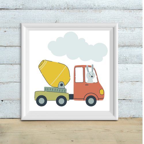 Adorable Nursery Art Bunny Driving a Cement Truck Poster