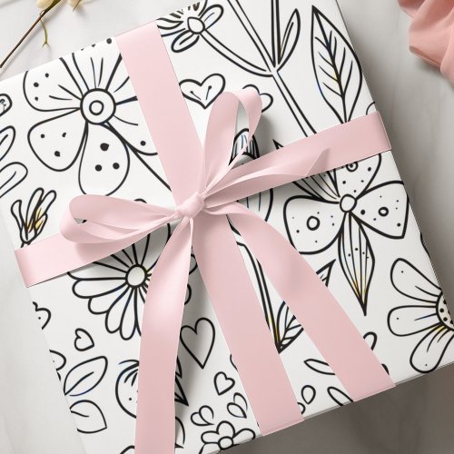 Adorable Nursery Flowers and Hearts Coloring Wrapping Paper