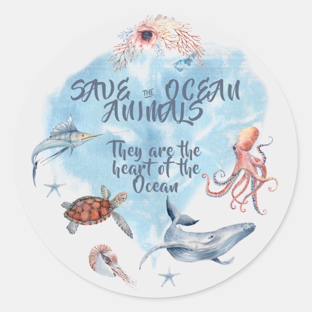 Adorable Ocean Animals Description Classic Round Sticker (Front)