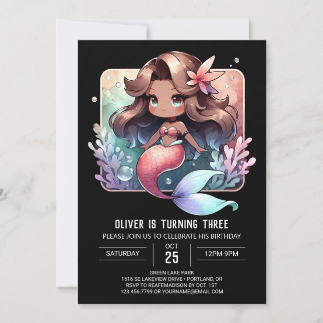Adorable Ocean Mermaid Birthday Invitation (Front)