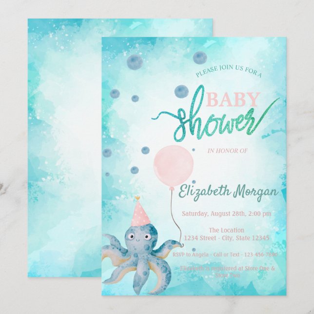 Adorable Octopus Balloon Summer Baby Shower Invitation (Front/Back)