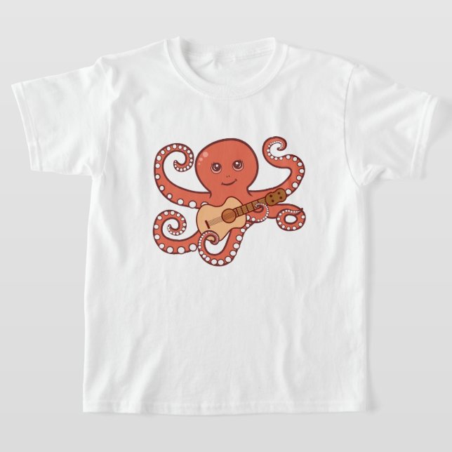 Adorable Octopus Playing Acoustic Guitar Cartoon T-Shirt (Laydown)