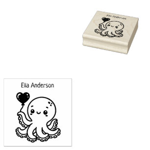 Adorable Octopus with Heart Balloon Rubber Stamp