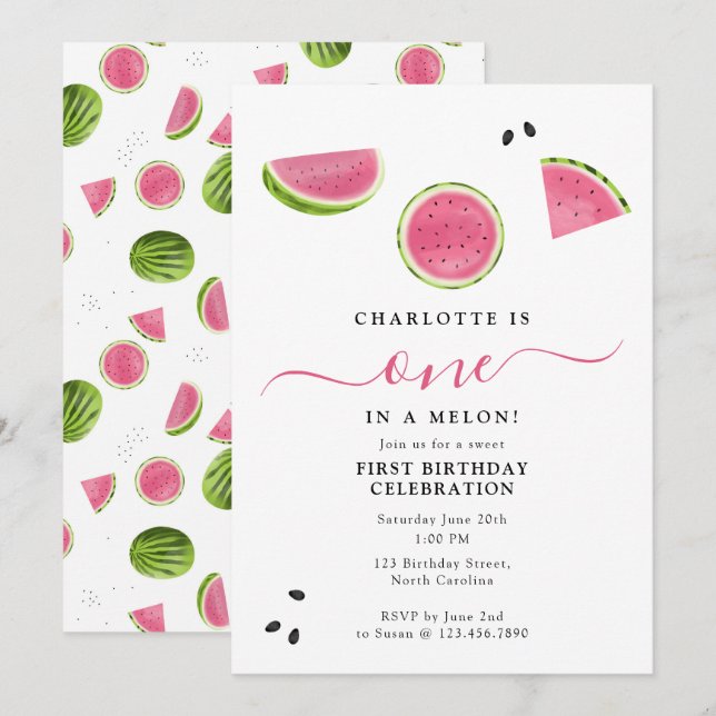 Adorable One in a Melon Watermelon Summer Birthday Invitation (Front/Back)