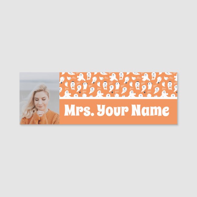 ADORABLE ORANGE AND WHITE GHOSTS NAME TAG (Front)