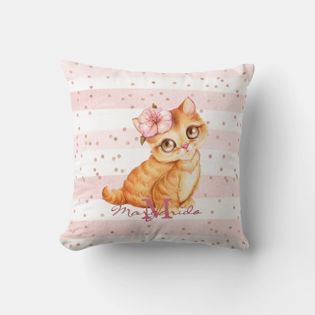Adorable Orange Baby Cat Illustration Girl Nursery Throw Pillow (Front)