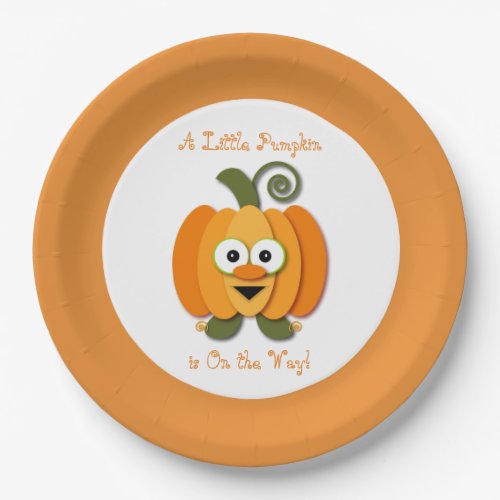 Adorable Orange Cartoon Pumpkin Baby Shower Paper Plates
