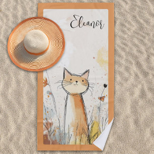 Adorable Orange Cat Illustration Personalized Beach Towel