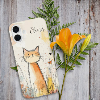 Adorable Orange Cat Illustration Personalized iPhone 16 Plus Case
