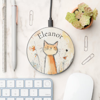 Adorable Orange Cat Illustration Personalized Wireless Charger