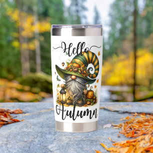 ADORABLE ORANGE FALL GNOME WITH AUTUMN PUMPKINS INSULATED TUMBLER