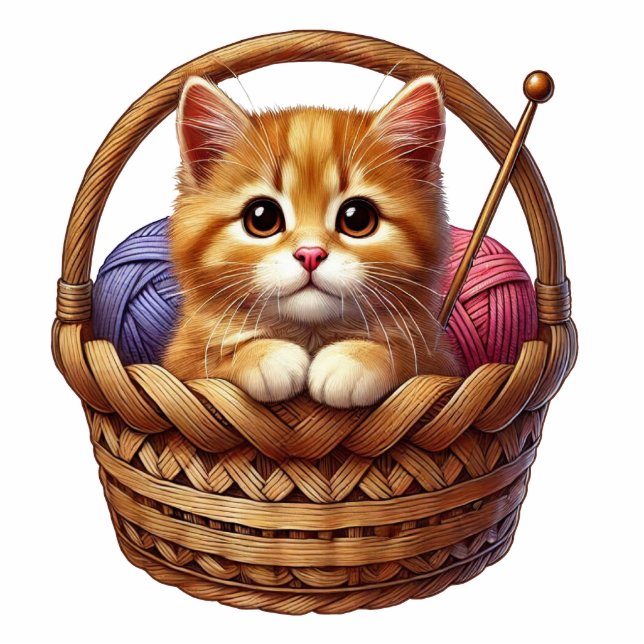 Adorable Orange Kitten in Basket With Yarn Cutout (Front)