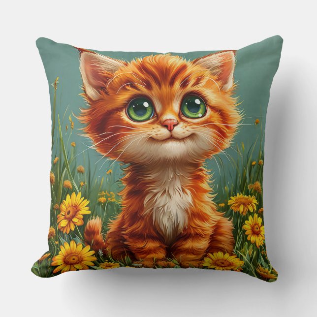 Adorable Orange Kitten Sitting in a Field Throw Pillow (Front)
