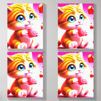 "Adorable Orange Kitten with Coffee Cup and Heart  Canvas Photo Tile