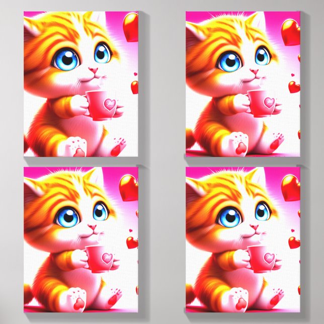 "Adorable Orange Kitten with Coffee Cup and Heart  Canvas Photo Tile (Front Set)