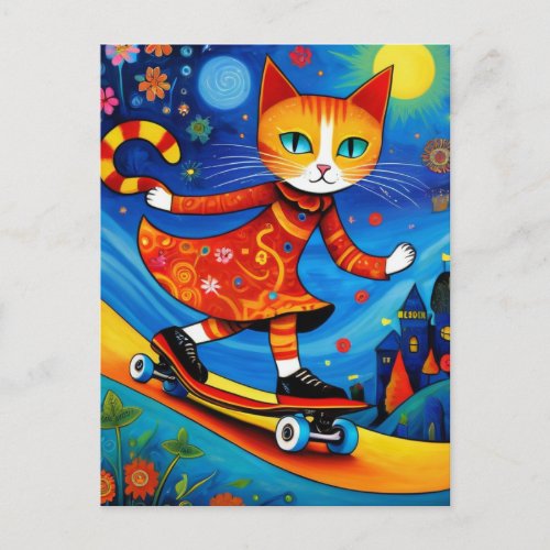 Adorable Orange Kitty in a Dress Skateboarding Postcard