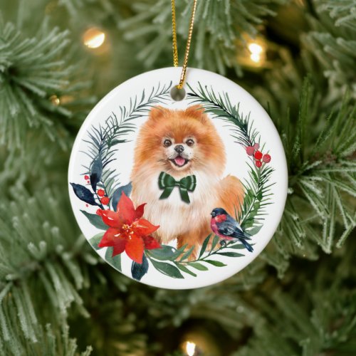 Adorable Orange Pomeranian Watercolor Poinsettia Ceramic Ornament