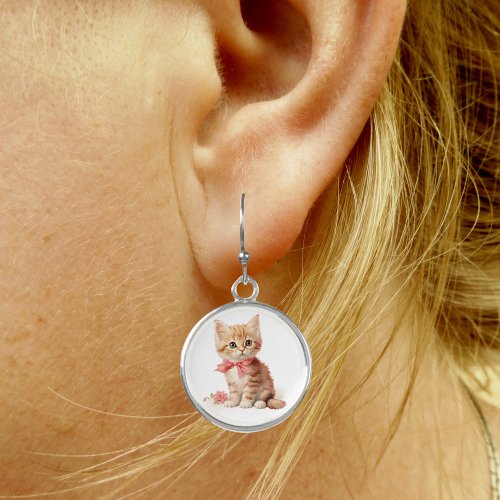 Adorable Orange Tabby Cat in a Pink Bow Earrings