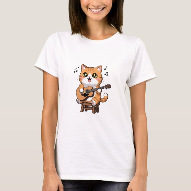 Adorable Orange Tabby Cat Playing Acoustic Guitar T-Shirt (Front)