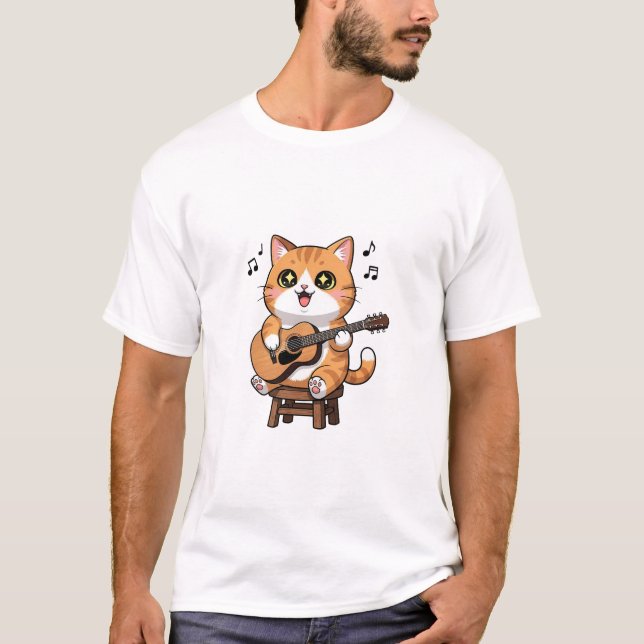 Adorable Orange Tabby Cat Playing Acoustic Guitar T-Shirt (Front)