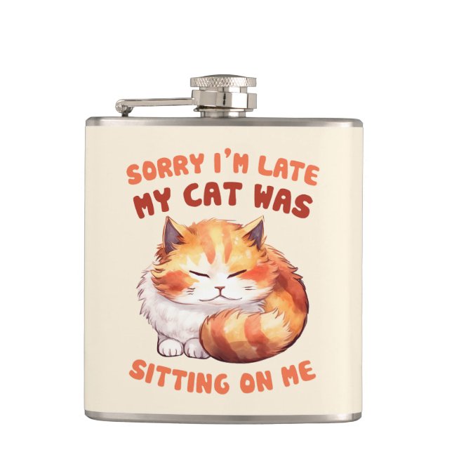 Adorable Orange Tabby Cat- Sorry I'm Late Flask (Front)