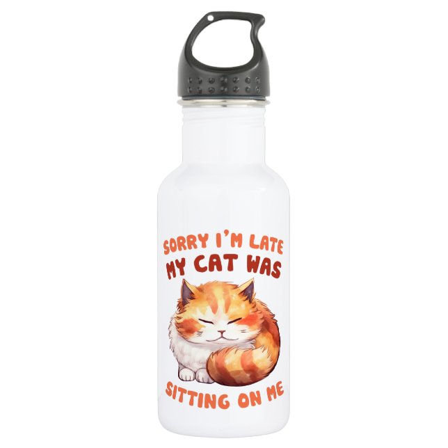 Adorable Orange Tabby Cat- Sorry I'm Late Stainless Steel Water Bottle (Front)