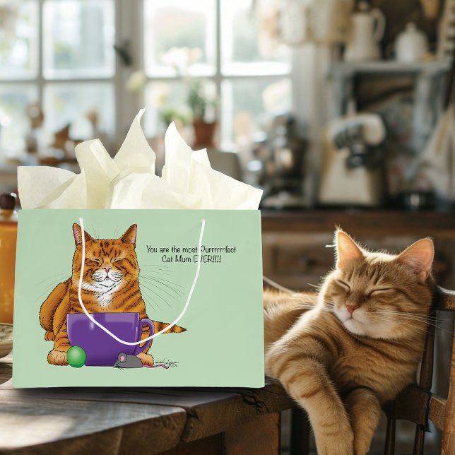 Adorable Orange Tabby Green Mother’s Day Purple  Large Gift Bag (Creator Uploaded)