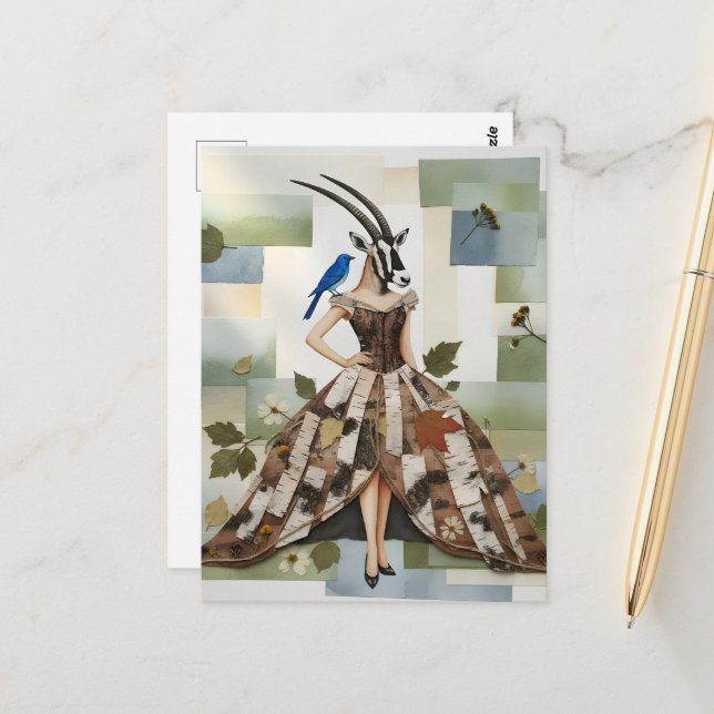 Adorable oryx  in birch bark dress with bluebird postcard (Front/Back In Situ)