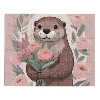 Adorable Otter Boho Flowers Jigsaw Puzzle