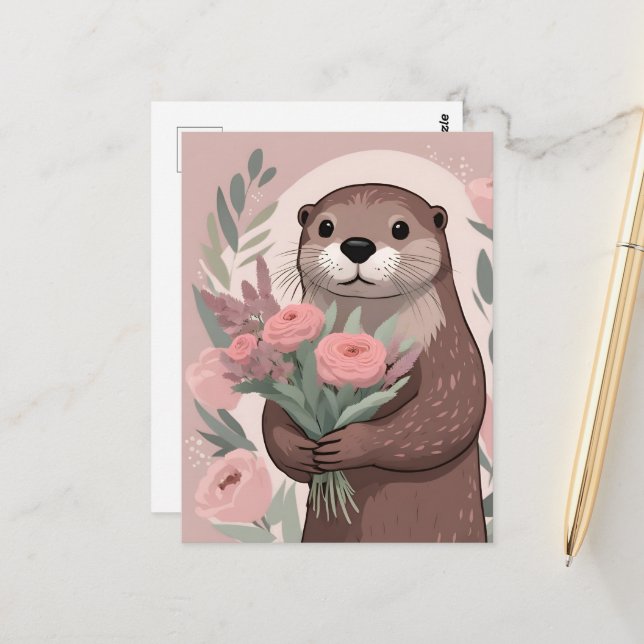 Adorable Otter Boho Flowers Postcard (Front/Back In Situ)