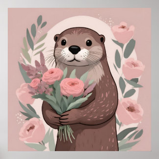 Adorable Otter Boho Flowers Poster