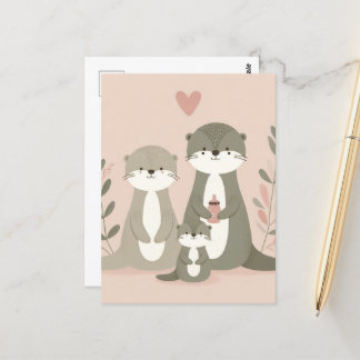 Adorable Otter Boho Mom Dad and Baby Pink Postcard