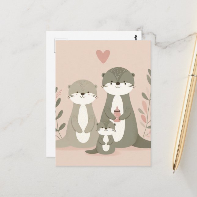 Adorable Otter Boho Mom Dad and Baby Pink Postcard (Front/Back In Situ)