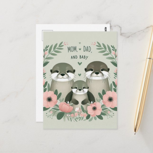 Adorable Otter Boho Mom Dad and Baby Postcard (Front/Back In Situ)
