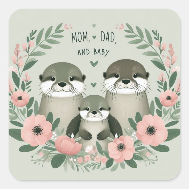 Adorable Otter Boho Mom Dad and Baby Square Sticker (Front)